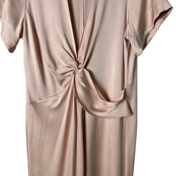 Zara Blush Knotted Satin Midi Dress Plunging Neckline Leg Slit Button Collar, S - Picture 8 of 15